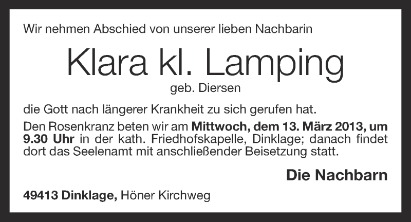 Traueranzeigen Von Klara Lamping Om Trauer De