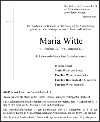 Traueranzeigen Von Maria Witte Om Trauer De