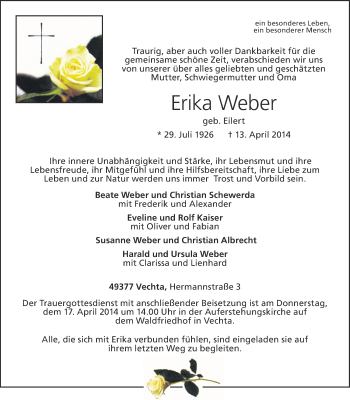 Traueranzeigen Von Erika Weber Om Trauer De