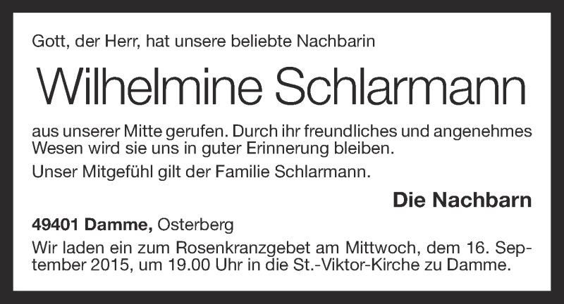 Traueranzeigen Von Wilhelmine Schlarmann Om Trauer De