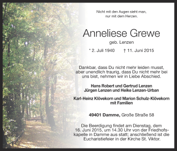 Traueranzeigen Von Anneliese Grewe Om Trauer De