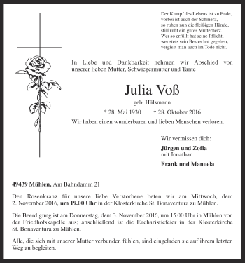 Traueranzeigen von Julia Voß om trauer de