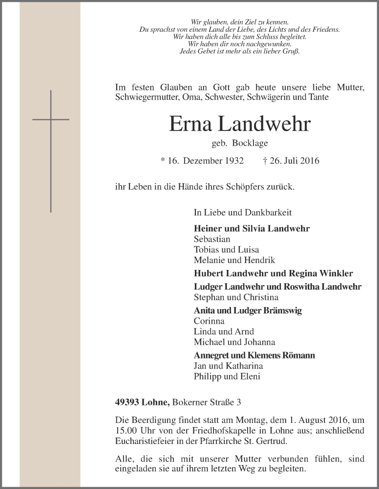 Traueranzeigen Von Erna Landwehr Om Trauer De