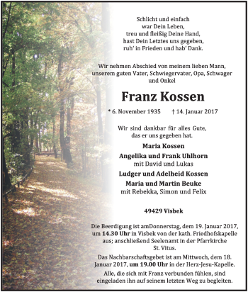 Traueranzeigen Von Franz Kossen Om Trauer De