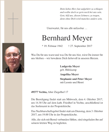 Traueranzeigen Von Bernhard Meyer Om Trauer De