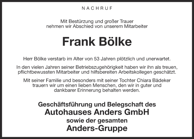 Traueranzeigen Von Frank B Lke Om Trauer De