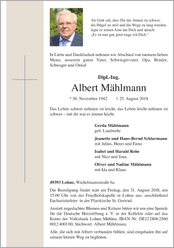 Traueranzeigen von Albert Mählmann om trauer de