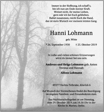 Traueranzeigen Von Hanni Lohmann Om Trauer De