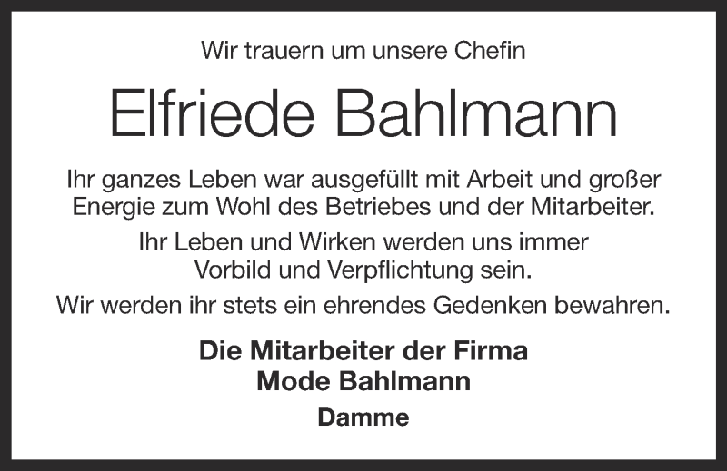 Traueranzeigen Von Elfriede Bahlmann Om Trauer De