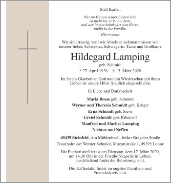 Traueranzeigen Von Hildegard Lamping Om Trauer De