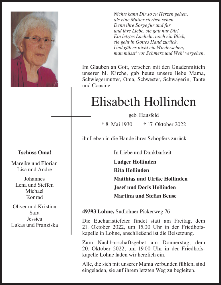 Traueranzeigen Von Elisabeth Hollinden Om Trauer De