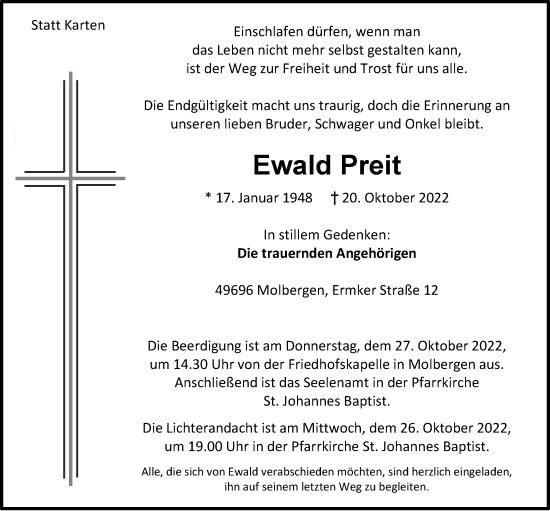 Traueranzeigen von Ewald Preit omtrauer.de