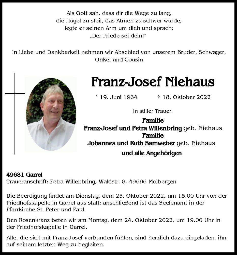 Traueranzeigen Von Franz Josef Niehaus Om Trauer De