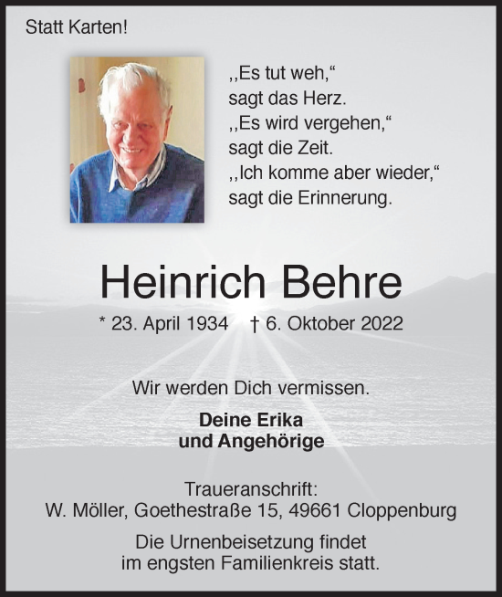 Traueranzeigen Von Heinrich Behre Om Trauer De