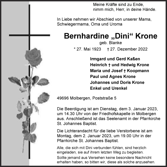 Traueranzeigen Von Bernhardine Krone | Om-trauer.de