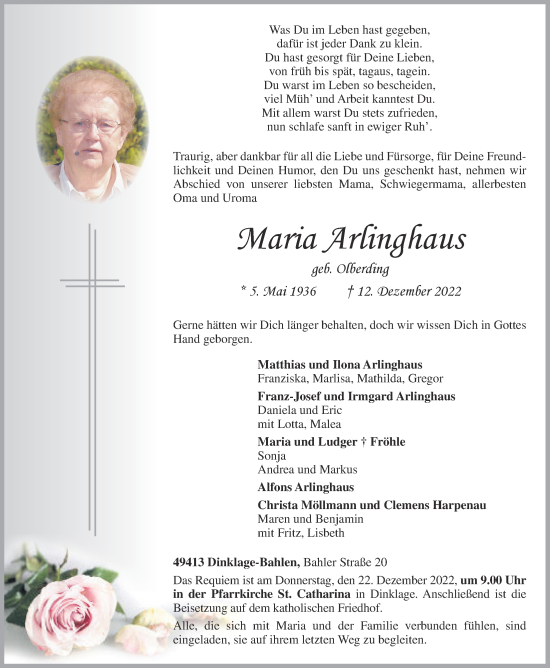 Traueranzeigen Von Maria Arlinghaus Om Trauer De