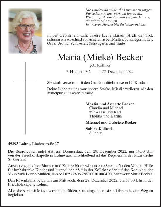 Traueranzeigen Von Maria Becker Om Trauer De