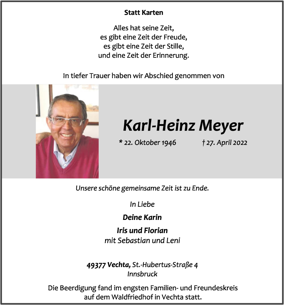 Traueranzeigen Von Karl Heinz Meyer Om Trauer De