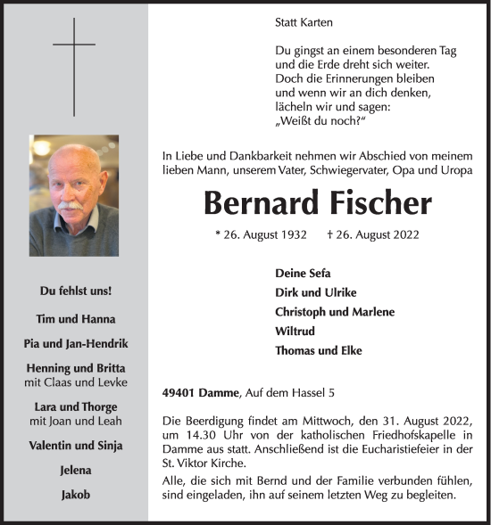 Traueranzeigen Von Bernard Fischer Om Trauer De