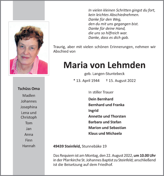 Traueranzeigen Von Maria Von Lehmden Om Trauer De