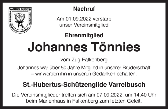 Traueranzeigen Von Johannes T Nnies Om Trauer De