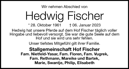 Traueranzeigen Von Hedwig Fischer Om Trauer De