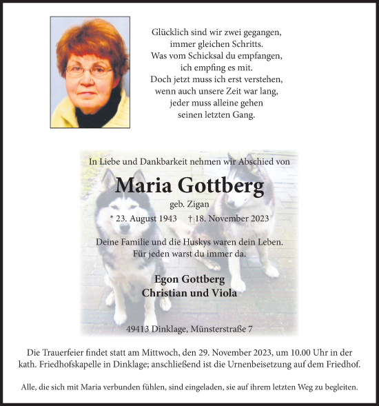 Traueranzeigen Von Maria Gottberg Om Trauer De