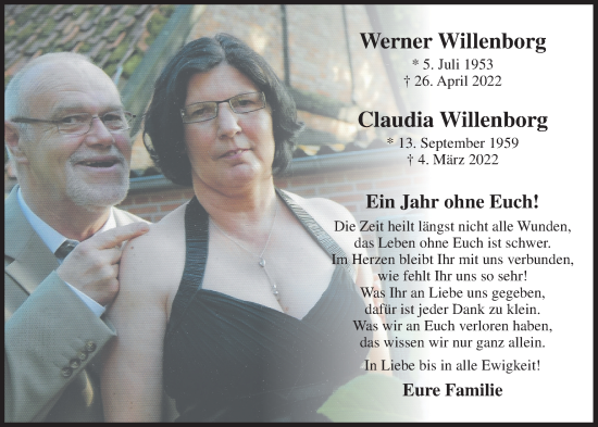 Traueranzeigen Von Werner Und Claudia Willenborg Om Trauer De