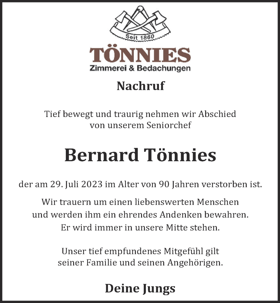 Traueranzeigen Von Bernard T Nnies Om Trauer De