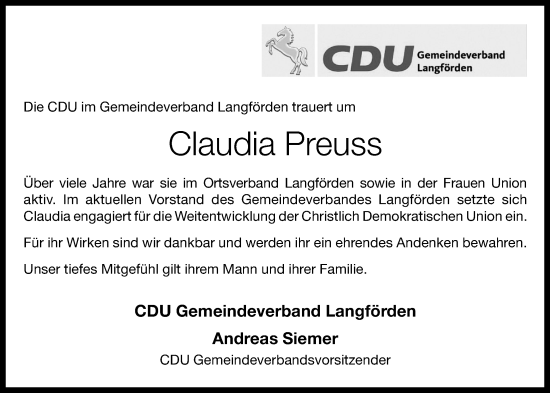 Traueranzeigen Von Claudia Preuss Om Trauer De