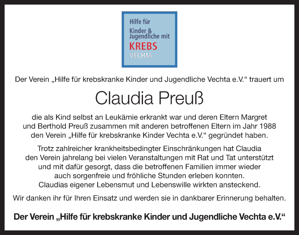 Traueranzeigen Von Claudia Preu Om Trauer De