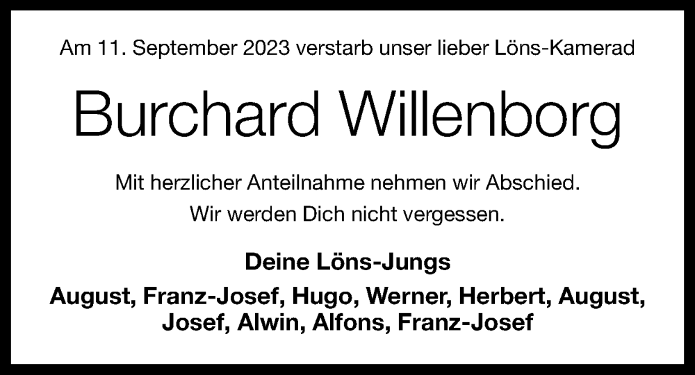 Traueranzeigen Von Burchard Willenborg Om Trauer De