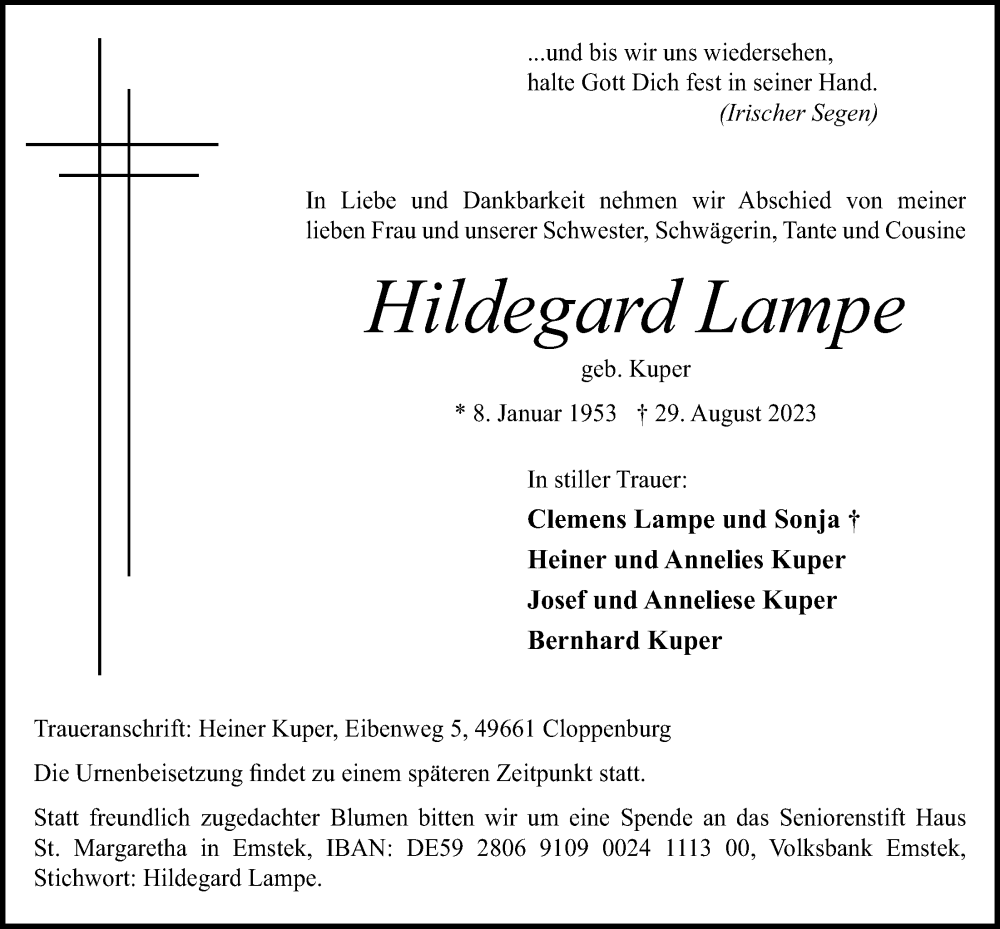 Traueranzeigen Von Hildegard Lampe Om Trauer De