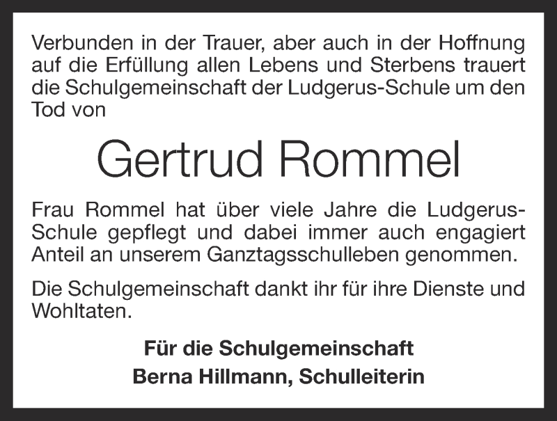  Traueranzeige für Gertrud Rommel vom 30.08.2013 aus OM-Medien