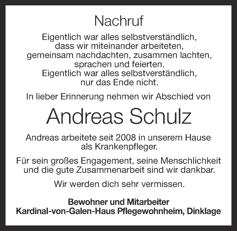  Traueranzeige für Andreas Schulz vom 19.11.2013 aus OM-Medien