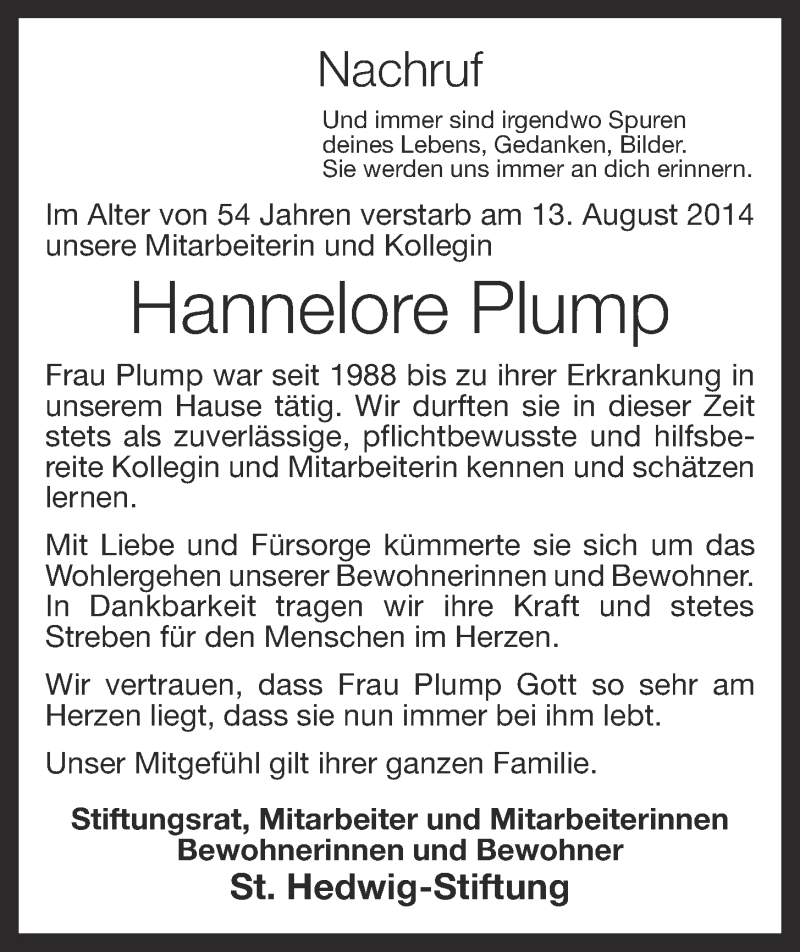  Traueranzeige für Hannelore Plump vom 19.08.2014 aus OM-Medien