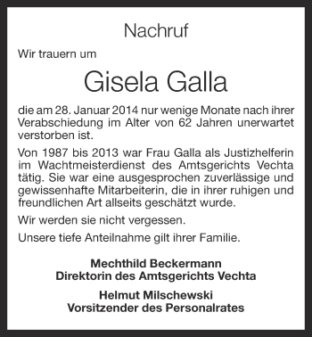 Anzeige von Gisela Galla von OM-Medien