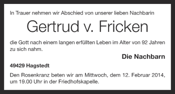 Anzeige von Gertrud v. Fricken von OM-Medien