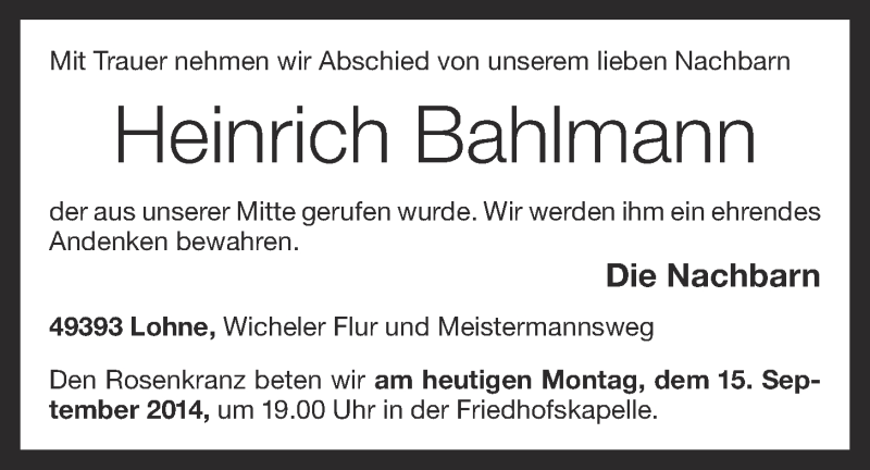 Traueranzeigen von Heinrich Bahlmann | om-trauer.de