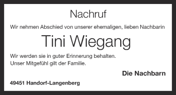 Anzeige von Tini Wiegang von OM-Medien