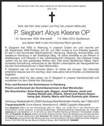 Anzeige von Siegbert Aloys Kleene von OM-Medien