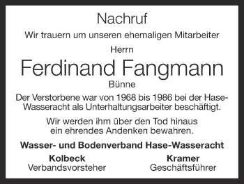 Anzeige von Ferdinand Fangmann von OM-Medien