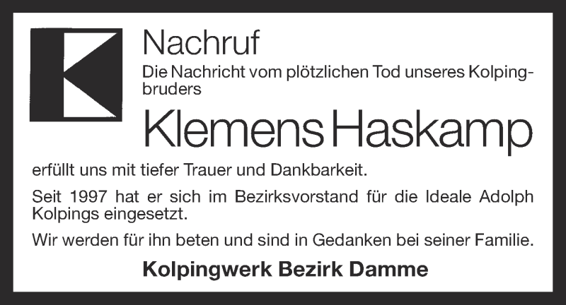  Traueranzeige für Klemens Haskamp vom 04.02.2014 aus OM-Medien