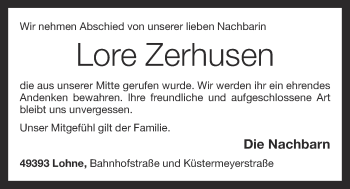 Anzeige von Lore Zerhusen von OM-Medien