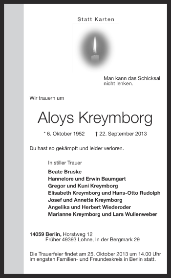 Anzeige von Aloys Kreymborg von OM-Medien