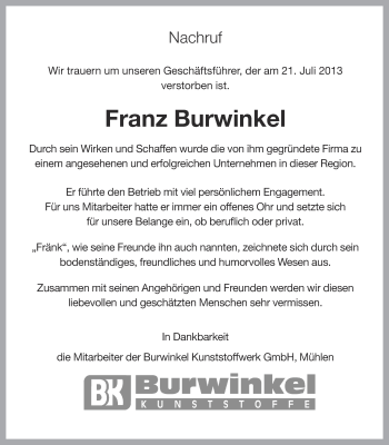 Anzeige von Franz Burwinkel von OM-Medien