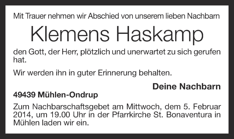  Traueranzeige für Klemens Haskamp vom 04.02.2014 aus OM-Medien