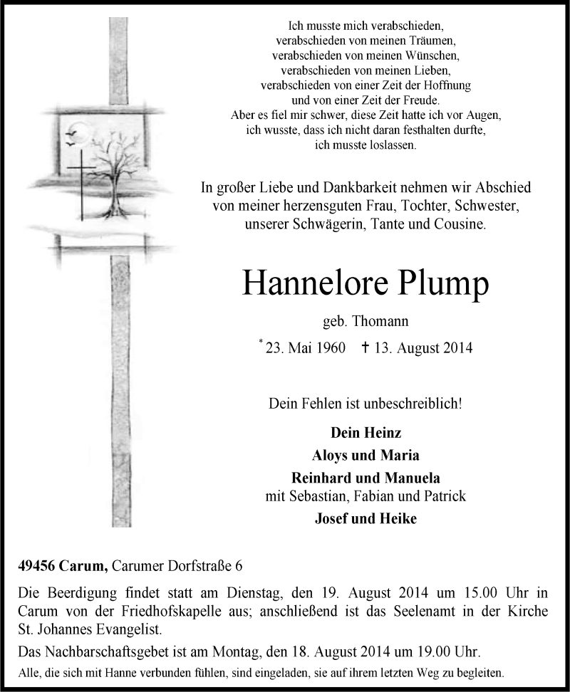  Traueranzeige für Hannelore Plump vom 14.08.2014 aus OM-Medien