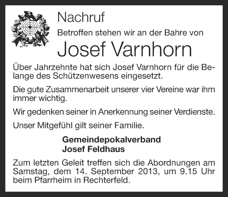  Traueranzeige für Josef Varnhorn vom 13.09.2013 aus OM-Medien