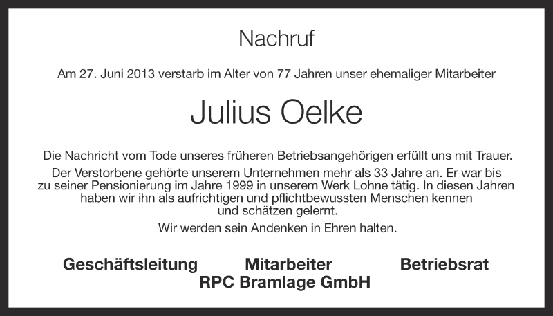  Traueranzeige für Julius Oelke vom 02.07.2013 aus OM-Medien